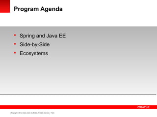 Copyright © 2012, Oracle and/or its affiliates. All rights reserved. Public2
Program Agenda
 Spring and Java EE
 Side-by...