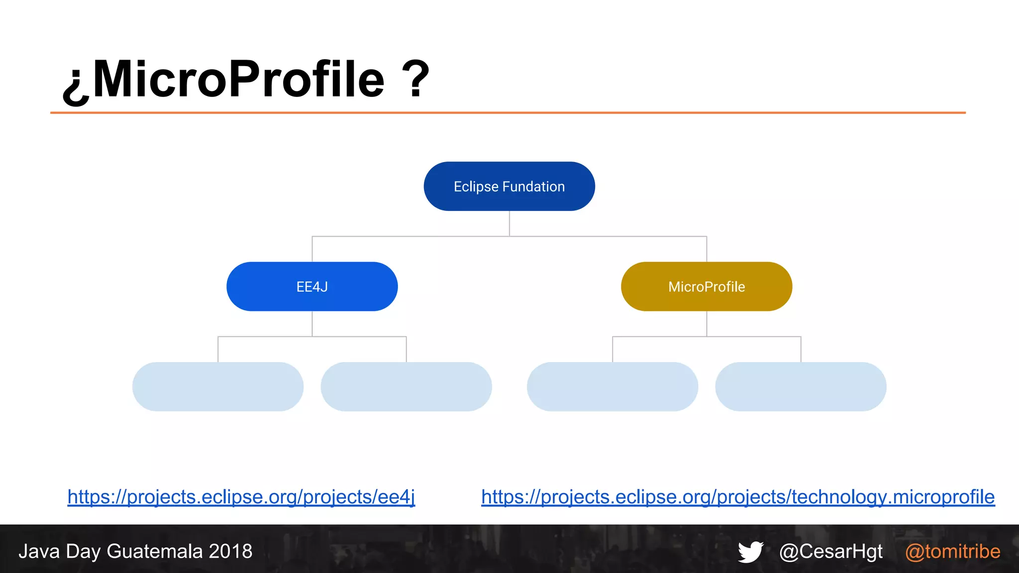 @CesarHgt @tomitribeJava Day Guatemala 2018
¿MicroProfile ?
https://projects.eclipse.org/projects/ee4j https://projects.eclipse.org/projects/technology.microprofile
Eclipse Fundation
MicroProfileEE4J
 
