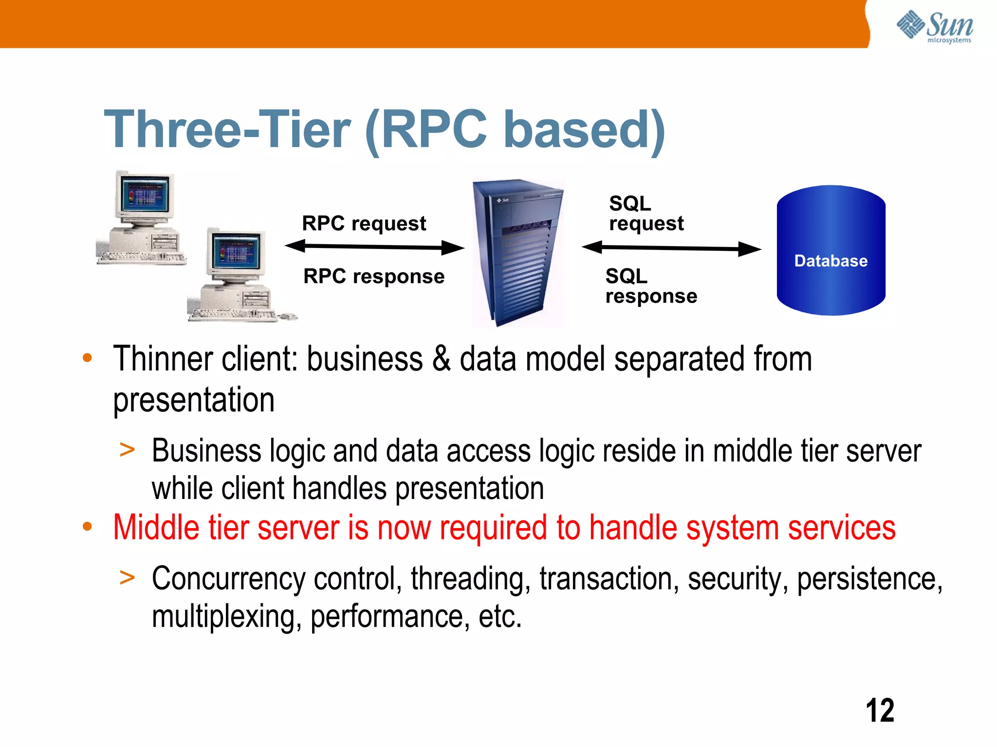 Three-Tier (RPC based)
                                           SQL
                 RPC request               request
                                                          Database
                 RPC response             SQL
                                          response


• Thinner client: business & data model separated from
  presentation
  > Business logic and data access logic reside in middle tier server
     while client handles presentation
• Middle tier server is now required to handle system services
  > Concurrency control, threading, transaction, security, persistence,
     multiplexing, performance, etc.

                                                                 12
 