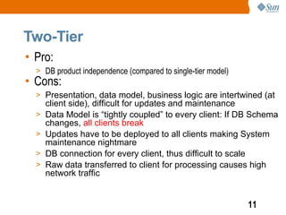 Two-Tier
• Pro:
  > DB product independence (compared to single-tier model)
• Cons:
  > Presentation, data model, business logic are intertwined (at
      client side), difficult for updates and maintenance
  >   Data Model is “tightly coupled” to every client: If DB Schema
      changes, all clients break
  >   Updates have to be deployed to all clients making System
      maintenance nightmare
  >   DB connection for every client, thus difficult to scale
  >   Raw data transferred to client for processing causes high
      network traffic


                                                              11
 
