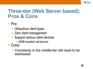 Three-tier (Web Server based):
Pros & Cons
• Pro:
  > Ubiquitous client types
  > Zero client management
  > Support various client devices
     > J2ME-enabled cell-phones
• Cons:
  > Complexity in the middle-tier still need to be
    addressed


                                                     15
 