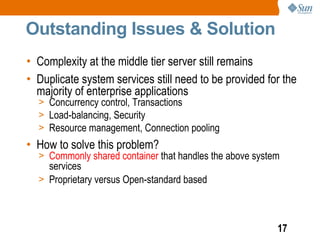 Outstanding Issues & Solution
• Complexity at the middle tier server still remains
• Duplicate system services still need to be provided for the
  majority of enterprise applications
  > Concurrency control, Transactions
  > Load-balancing, Security
  > Resource management, Connection pooling
• How to solve this problem?
  > Commonly shared container that handles the above system
    services
  > Proprietary versus Open-standard based




                                                          17
 