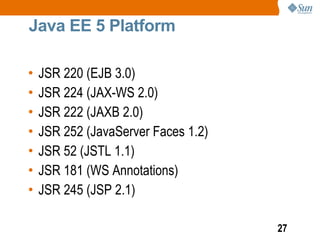 Java EE 5 Platform

•   JSR 220 (EJB 3.0)
•   JSR 224 (JAX-WS 2.0)
•   JSR 222 (JAXB 2.0)
•   JSR 252 (JavaServer Faces 1.2)
•   JSR 52 (JSTL 1.1)
•   JSR 181 (WS Annotations)
•   JSR 245 (JSP 2.1)

                                     27
 