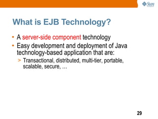 What is EJB Technology?
• A server-side component technology
• Easy development and deployment of Java
  technology-based application that are:
  > Transactional, distributed, multi-tier, portable,
    scalable, secure, …




                                                        29
 