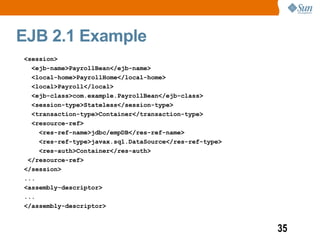 EJB 2.1 Example
<session>
  <ejb-name>PayrollBean</ejb-name>
  <local-home>PayrollHome</local-home>
  <local>Payroll</local>
  <ejb-class>com.example.PayrollBean</ejb-class>
  <session-type>Stateless</session-type>
  <transaction-type>Container</transaction-type>
  <resource-ref>
    <res-ref-name>jdbc/empDB</res-ref-name>
    <res-ref-type>javax.sql.DataSource</res-ref-type>
    <res-auth>Container</res-auth>
 </resource-ref>
</session>
...
<assembly-descriptor>
...
</assembly-descriptor>


                                                        35
 