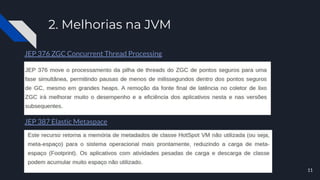 2. Melhorias na JVM
JEP 376 ZGC Concurrent Thread Processing
JEP 387 Elastic Metaspace
11
 