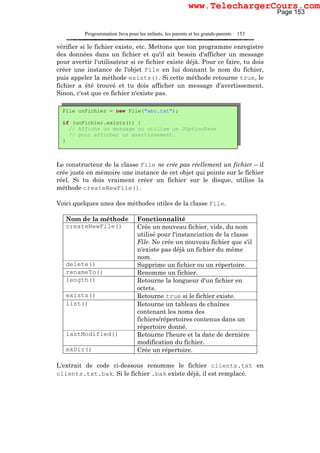 Programmation Java pour les enfants, les parents et les grands-parents 153
vérifier si le fichier existe, etc. Mettons que ton programme enregistre
des données dans un fichier et qu'il ait besoin d'afficher un message
pour avertir l'utilisateur si ce fichier existe déjà. Pour ce faire, tu dois
créer une instance de l'objet File en lui donnant le nom du fichier,
puis appeler la méthode exists(). Si cette méthode retourne true, le
fichier a été trouvé et tu dois afficher un message d'avertissement.
Sinon, c'est que ce fichier n'existe pas.
Le constructeur de la classe File ne crée pas réellement un fichier – il
crée juste en mémoire une instance de cet objet qui pointe sur le fichier
réel. Si tu dois vraiment créer un fichier sur le disque, utilise la
méthode createNewFile().
Voici quelques unes des méthodes utiles de la classe File.
Nom de la méthode Fonctionnalité
createNewFile() Crée un nouveau fichier, vide, du nom
utilisé pour l'instanciation de la classe
File. Ne crée un nouveau fichier que s'il
n'existe pas déjà un fichier du même
nom.
delete() Supprime un fichier ou un répertoire.
renameTo() Renomme un fichier.
length() Retourne la longueur d'un fichier en
octets.
exists() Retourne true si le fichier existe.
list() Retourne un tableau de chaînes
contenant les noms des
fichiers/répertoires contenus dans un
répertoire donné.
lastModified() Retourne l'heure et la date de dernière
modification du fichier.
mkDir() Crée un répertoire.
L'extrait de code ci-dessous renomme le fichier clients.txt en
clients.txt.bak. Si le fichier .bak existe déjà, il est remplacé.
File unFichier = new File("abc.txt");
if (unFichier.exists()) {
// Affiche un message ou utilise un JOptionPane
// pour afficher un avertissement.
}
Page 153
www.TelechargerCours.com
 