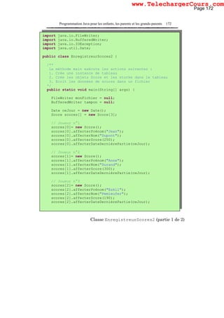 Programmation Java pour les enfants, les parents et les grands-parents 172
Classe EnregistreurScores2 (partie 1 de 2)
import java.io.FileWriter;
import java.io.BufferedWriter;
import java.io.IOException;
import java.util.Date;
public class EnregistreurScores2 {
/**
La méthode main exécute les actions suivantes :
1. Crée une instance de tableau
2. Crée les objets Score et les stocke dans le tableau
3. Ecrit les données de scores dans un fichier
*/
public static void main(String[] args) {
FileWriter monFichier = null;
BufferedWriter tampon = null;
Date ceJour = new Date();
Score scores[] = new Score[3];
// Joueur n°1
scores[0]= new Score();
scores[0].affecterPrénom("Jean");
scores[0].affecterNom("Dupont");
scores[0].affecterScore(250);
scores[0].affecterDateDernièrePartie(ceJour);
// Joueur n°2
scores[1]= new Score();
scores[1].affecterPrénom("Anne");
scores[1].affecterNom("Durand");
scores[1].affecterScore(300);
scores[1].affecterDateDernièrePartie(ceJour);
// Joueur n°3
scores[2]= new Score();
scores[2].affecterPrénom("Eskil");
scores[2].affecterNom("Pemieufer");
scores[2].affecterScore(190);
scores[2].affecterDateDernièrePartie(ceJour);
Page 172
www.TelechargerCours.com
 
