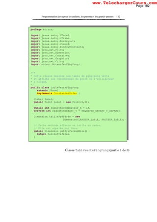Programmation Java pour les enfants, les parents et les grands-parents 182
Classe TableVertePingPong (partie 1 de 3)
package écrans;
import javax.swing.JPanel;
import javax.swing.JFrame;
import javax.swing.BoxLayout;
import javax.swing.JLabel;
import javax.swing.WindowConstants;
import java.awt.Point;
import java.awt.Dimension;
import java.awt.Container;
import java.awt.Graphics;
import java.awt.Color;
import moteur.MoteurJeuPingPong;
/**
* Cette classe dessine une table de ping-pong verte
* et affiche les coordonnées du point où l'utilisateur
* a cliqué.
*/
public class TableVertePingPong
extends JPanel
implements ConstantesDuJeu {
JLabel label;
public Point point = new Point(0,0);
public int raquetteOrdinateur_X = 15;
private int raquetteEnfant_Y = RAQUETTE_ENFANT_Y_DEPART;
Dimension taillePréférée = new
Dimension(LARGEUR_TABLE, HAUTEUR_TABLE);
// Cette méthode affecte sa taille au cadre.
// Elle est appelée par Java.
public Dimension getPreferredSize() {
return taillePréférée;
}
Page 182
www.TelechargerCours.com
 