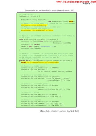 Programmation Java pour les enfants, les parents et les grands-parents 183
Classe TableVertePingPong (partie 2 de 3)
// Constructeur.
TableVertePingPong() {
MoteurJeuPingPong moteurJeu =
new MoteurJeuPingPong(this);
// Reçoit les clics pour l'affichage de leurs coordonnées
addMouseListener(moteurJeu);
// Reçoit les mouvements de la souris pour
// le déplacement des raquettes
addMouseMotionListener(moteurJeu);
}
// Ajoute à une fenêtre un panneau contenant cette table et
// un JLabel
void ajouteAuCadre(Container conteneur) {
conteneur.setLayout(new BoxLayout(conteneur,
BoxLayout.Y_AXIS));
conteneur.add(this);
label = new JLabel("Coordonnées...");
conteneur.add(label);
}
// Repeint la fenêtre. Cette méthode est appelée par Java
// quand il est nécessaire de rafraîchir l'écran ou quand
// la méthode repaint() est appelée par le
// MoteurJeuPingPong.
public void paintComponent(Graphics contexteGraphique) {
super.paintComponent(contexteGraphique);
// Dessine la table verte
contexteGraphique.setColor(Color.GREEN);
contexteGraphique.fillRect(
0, 0, LARGEUR_TABLE, HAUTEUR_TABLE);
// Dessine la raquette droite
contexteGraphique.setColor(Color.yellow);
contexteGraphique.fillRect(RAQUETTE_ENFANT_X_DEPART,
raquetteEnfant_Y, 5, 30);
// Dessine la raquette gauche
contexteGraphique.setColor(Color.blue);
contexteGraphique.fillRect(
raquetteOrdinateur_X, 100, 5, 30);
// Dessine la balle
contexteGraphique.setColor(Color.red);
contexteGraphique.fillOval(25, 110, 10, 10);
// Dessine les lignes
contexteGraphique.setColor(Color.white);
contexteGraphique.drawRect(10, 10, 300, 200);
contexteGraphique.drawLine(160, 10, 160, 210);
Page 183
www.TelechargerCours.com
 
