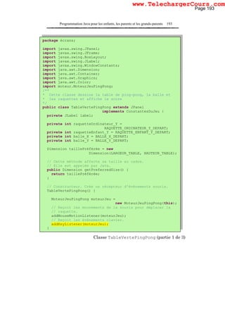 Programmation Java pour les enfants, les parents et les grands-parents 193
Classe TableVertePingPong (partie 1 de 3)
package écrans;
import javax.swing.JPanel;
import javax.swing.JFrame;
import javax.swing.BoxLayout;
import javax.swing.JLabel;
import javax.swing.WindowConstants;
import java.awt.Dimension;
import java.awt.Container;
import java.awt.Graphics;
import java.awt.Color;
import moteur.MoteurJeuPingPong;
/**
* Cette classe dessine la table de ping-pong, la balle et
* les raquettes et affiche le score
*/
public class TableVertePingPong extends JPanel
implements ConstantesDuJeu {
private JLabel label;
private int raquetteOrdinateur_Y =
RAQUETTE_ORDINATEUR_Y_DEPART;
private int raquetteEnfant_Y = RAQUETTE_ENFANT_Y_DEPART;
private int balle_X = BALLE_X_DEPART;
private int balle_Y = BALLE_Y_DEPART;
Dimension taillePréférée = new
Dimension(LARGEUR_TABLE, HAUTEUR_TABLE);
// Cette méthode affecte sa taille au cadre.
// Elle est appelée par Java.
public Dimension getPreferredSize() {
return taillePréférée;
}
// Constructeur. Crée un récepteur d'événements souris.
TableVertePingPong() {
MoteurJeuPingPong moteurJeu =
new MoteurJeuPingPong(this);
// Reçoit les mouvements de la souris pour déplacer la
// raquette.
addMouseMotionListener(moteurJeu);
// Reçoit les événements clavier.
addKeyListener(moteurJeu);
}
Page 193
www.TelechargerCours.com
 