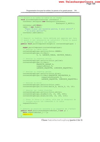 Programmation Java pour les enfants, les parents et les grands-parents 194
Classe TableVertePingPong (partie 2 de 3)
// Ajoute à un cadre la table et un JLabel
void ajouteAuCadre(Container conteneur) {
conteneur.setLayout(new BoxLayout(conteneur,
BoxLayout.Y_AXIS));
conteneur.add(this);
label = new JLabel(
"Taper N pour une nouvelle partie, S pour servir" +
" ou Q pour quitter");
conteneur.add(label);
}
// Repeint la fenêtre. Cette méthode est appelée par Java
// quand il est nécessaire de rafraîchir l'écran ou quand
// la méthode repaint() est appelée.
public void paintComponent(Graphics contexteGraphique) {
super.paintComponent(contexteGraphique);
// Dessine la table verte
contexteGraphique.setColor(Color.GREEN);
contexteGraphique.fillRect(
0, 0, LARGEUR_TABLE, HAUTEUR_TABLE);
// Dessine la raquette droite
contexteGraphique.setColor(Color.yellow);
contexteGraphique.fillRect(
RAQUETTE_ENFANT_X,
raquetteEnfant_Y,
LARGEUR_RAQUETTE, LONGUEUR_RAQUETTE);
// Dessine la raquette gauche
contexteGraphique.setColor(Color.blue);
contexteGraphique.fillRect(RAQUETTE_ORDINATEUR_X,
raquetteOrdinateur_Y,
LARGEUR_RAQUETTE, LONGUEUR_RAQUETTE);
// Dessine la balle
contexteGraphique.setColor(Color.red);
contexteGraphique.fillOval(balle_X, balle_Y, 10, 10);
// Dessine les lignes blanches
contexteGraphique.setColor(Color.white);
contexteGraphique.drawRect(10, 10, 300, 200);
contexteGraphique.drawLine(160, 10, 160, 210);
// Donne le focus à la table, afin que le récepteur de
// touches envoie les commandes à la table
requestFocus();
}
// Affecte sa position courante à la raquette de l'enfant
public void positionnerRaquetteEnfant_Y(int y) {
this.raquetteEnfant_Y = y;
repaint();
}
Page 194
www.TelechargerCours.com
 