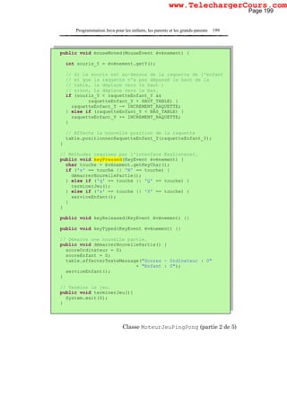 Programmation Java pour les enfants, les parents et les grands-parents 199
Classe MoteurJeuPingPong (partie 2 de 5)
public void mouseMoved(MouseEvent événement) {
int souris_Y = événement.getY();
// Si la souris est au-dessus de la raquette de l'enfant
// et que la raquette n'a pas dépassé le haut de la
// table, la déplace vers le haut ;
// sinon, la déplace vers le bas.
if (souris_Y < raquetteEnfant_Y &&
raquetteEnfant_Y > HAUT_TABLE) {
raquetteEnfant_Y -= INCREMENT_RAQUETTE;
} else if (raquetteEnfant_Y < BAS_TABLE) {
raquetteEnfant_Y += INCREMENT_RAQUETTE;
}
// Affecte la nouvelle position de la raquette
table.positionnerRaquetteEnfant_Y(raquetteEnfant_Y);
}
// Méthodes requises par l'interface KeyListener.
public void keyPressed(KeyEvent événement) {
char touche = événement.getKeyChar();
if ('n' == touche || 'N' == touche) {
démarrerNouvellePartie();
} else if ('q' == touche || 'Q' == touche) {
terminerJeu();
} else if ('s' == touche || 'S' == touche) {
serviceEnfant();
}
}
public void keyReleased(KeyEvent événement) {}
public void keyTyped(KeyEvent événement) {}
// Démarre une nouvelle partie.
public void démarrerNouvellePartie() {
scoreOrdinateur = 0;
scoreEnfant = 0;
table.affecterTexteMessage("Scores - Ordinateur : 0"
+ "Enfant : 0");
serviceEnfant();
}
// Termine le jeu.
public void terminerJeu(){
System.exit(0);
}
Page 199
www.TelechargerCours.com
 