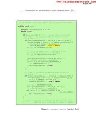 Programmation Java pour les enfants, les parents et les grands-parents 200
Classe MoteurJeuPingPong (partie 3 de 5)
// La méthode run() est requise par l'interface Runnable.
public void run() {
boolean rebondPossible = false;
while (true) {
if (balleServie) { // Si la balle est en mouvement
// Etape 1. La balle se déplace-t-elle vers la
// gauche ?
if (déplacementGauche && balle_X > BALLE_X_MIN) {
rebondPossible = (balle_Y >= raquetteOrdinateur_Y
&& balle_Y < (raquetteOrdinateur_Y +
LONGUEUR_RAQUETTE) ? true : false);
balle_X -= INCREMENT_BALLE;
// Ajoute un déplacement vertical à chaque
// mouvement horizontal de la balle.
balle_Y -= déplacementVertical;
table.positionnerBalle(balle_X, balle_Y);
// La balle peut-elle rebondir ?
if (balle_X <= RAQUETTE_ORDINATEUR_X
&& rebondPossible) {
déplacementGauche = false;
}
}
// Etape 2. La balle se déplace-t-elle vers la
// droite ?
if (!déplacementGauche && balle_X <= BALLE_X_MAX) {
rebondPossible = (balle_Y >= raquetteEnfant_Y &&
balle_Y < (raquetteEnfant_Y +
LONGUEUR_RAQUETTE) ? true : false);
balle_X += INCREMENT_BALLE;
table.positionnerBalle(balle_X, balle_Y);
// La balle peut-elle rebondir ?
if (balle_X >= RAQUETTE_ENFANT_X &&
rebondPossible) {
déplacementGauche = true;
}
}
// Etape 3. Déplace la raquette de l'ordinateur vers le
// haut ou vers le bas pour bloquer la balle.
Page 200
www.TelechargerCours.com
 