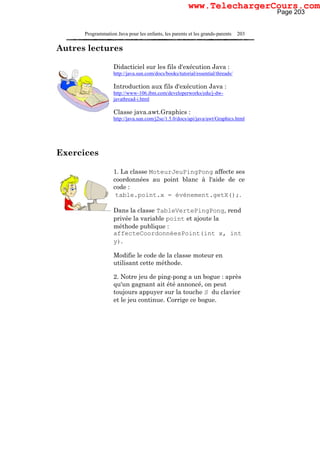 Programmation Java pour les enfants, les parents et les grands-parents 203
Autres lectures
Didacticiel sur les fils d'exécution Java :
http://java.sun.com/docs/books/tutorial/essential/threads/
Introduction aux fils d'exécution Java :
http://www-106.ibm.com/developerworks/edu/j-dw-
javathread-i.html
Classe java.awt.Graphics :
http://java.sun.com/j2se/1.5.0/docs/api/java/awt/Graphics.html
Exercices
1. La classe MoteurJeuPingPong affecte ses
coordonnées au point blanc à l'aide de ce
code :
table.point.x = événement.getX();.
Dans la classe TableVertePingPong, rend
privée la variable point et ajoute la
méthode publique :
affecteCoordonnéesPoint(int x, int
y).
Modifie le code de la classe moteur en
utilisant cette méthode.
2. Notre jeu de ping-pong a un bogue : après
qu'un gagnant ait été annoncé, on peut
toujours appuyer sur la touche S du clavier
et le jeu continue. Corrige ce bogue.
Page 203
www.TelechargerCours.com
 