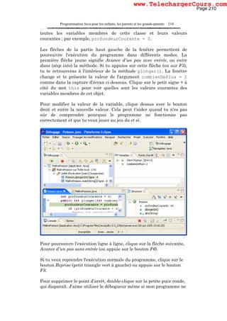 Programmation Java pour les enfants, les parents et les grands-parents 210
toutes les variables membres de cette classe et leurs valeurs
courantes ; par exemple, profondeurCourante = 0.
Les flèches de la partie haut gauche de la fenêtre permettent de
poursuivre l'exécution du programme dans différents modes. La
première flèche jaune signifie Avance d'un pas avec entrée, ou entre
dans (step into) la méthode. Si tu appuies sur cette flèche (ou sur F5),
tu te retrouveras à l'intérieur de la méthode plonger(). La fenêtre
change et te présente la valeur de l'argument combienDePlus = 2
comme dans la capture d'écran ci-dessous. Clique sur le petit signe + à
côté du mot this pour voir quelles sont les valeurs courantes des
variables membres de cet objet.
Pour modifier la valeur de la variable, clique dessus avec le bouton
droit et entre la nouvelle valeur. Cela peut t'aider quand tu n'es pas
sûr de comprendre pourquoi le programme ne fonctionne pas
correctement et que tu veux jouer au jeu du et si.
Pour poursuivre l'exécution ligne à ligne, clique sur la flèche suivante,
Avance d'un pas sans entrée (ou appuie sur le bouton F6).
Si tu veux reprendre l'exécution normale du programme, clique sur le
bouton Reprise (petit triangle vert à gauche) ou appuie sur le bouton
F8.
Pour supprimer le point d'arrêt, double-clique sur la petite puce ronde,
qui disparaît. J'aime utiliser le débogueur même si mon programme ne
Page 210
www.TelechargerCours.com
 