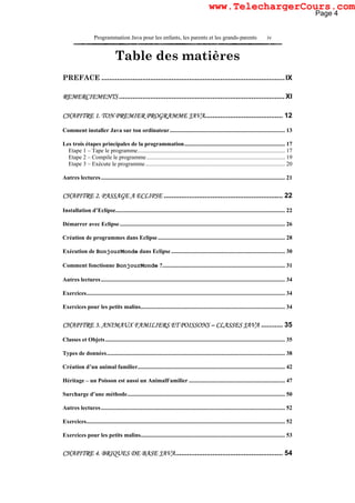 Programmation Java pour les enfants, les parents et les grands-parents iv
Table des matières
PREFACE ..............................................................................................IX
REMERCIEMENTS .....................................................................................XI
CHAPITRE 1. TON PREMIER PROGRAMME JAVA........................................ 12
Comment installer Java sur ton ordinateur............................................................................... 13
Les trois étapes principales de la programmation..................................................................... 17
Etape 1 – Tape le programme..................................................................................................... 17
Etape 2 – Compile le programme............................................................................................... 19
Etape 3 – Exécute le programme................................................................................................ 20
Autres lectures.............................................................................................................................. 21
CHAPITRE 2. PASSAGE A ECLIPSE ............................................................. 22
Installation d’Eclipse.................................................................................................................... 22
Démarrer avec Eclipse................................................................................................................. 26
Création de programmes dans Eclipse....................................................................................... 28
Exécution de BonjourMonde dans Eclipse.............................................................................. 30
Comment fonctionne BonjourMonde ?.................................................................................... 31
Autres lectures.............................................................................................................................. 34
Exercices........................................................................................................................................ 34
Exercices pour les petits malins................................................................................................... 34
CHAPITRE 3. ANIMAUX FAMILIERS ET POISSONS – CLASSES JAVA ........... 35
Classes et Objets........................................................................................................................... 35
Types de données.......................................................................................................................... 38
Création d’un animal familier..................................................................................................... 42
Héritage – un Poisson est aussi un AnimalFamilier .................................................................. 47
Surcharge d’une méthode............................................................................................................ 50
Autres lectures.............................................................................................................................. 52
Exercices........................................................................................................................................ 52
Exercices pour les petits malins................................................................................................... 53
CHAPITRE 4. BRIQUES DE BASE JAVA....................................................... 54
Page 4
www.TelechargerCours.com
 