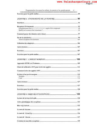 Programmation Java pour les enfants, les parents et les grands-parents vi
Exercices pour les petits malins................................................................................................... 89
CHAPITRE 6. EVENEMENTS DE LA FENETRE........................................... 90
Interfaces....................................................................................................................................... 91
Récepteur d'événements .............................................................................................................. 93
Enregistrement d'un ActionListener auprès d'un composant ............................................ 94
Quelle est la source d'un événement ?........................................................................................ 95
Comment passer des données entre classes................................................................................ 97
Fin de la calculatrice .................................................................................................................... 99
Autres récepteurs d'événements ............................................................................................... 105
Utilisation des adapteurs............................................................................................................ 106
Autres lectures............................................................................................................................ 107
Exercices...................................................................................................................................... 107
Exercices pour les petits malins................................................................................................. 107
CHAPITRE 7. L'APPLET MORPION........................................................... 108
Apprendre HTML en 15 minutes ............................................................................................. 109
Choix de la librairie AWT pour écrire des applets ................................................................. 112
Comment écrire des applets AWT............................................................................................ 113
Ecriture d'un jeu de morpion.................................................................................................... 115
Stratégie.................................................................................................................................... 115
Code ......................................................................................................................................... 116
Autres lectures............................................................................................................................ 127
Exercices...................................................................................................................................... 127
Exercices pour les petits malins................................................................................................. 128
CHAPITRE 8. ERREURS ET EXCEPTIONS .................................................. 129
Lecture de la trace de la pile...................................................................................................... 130
Arbre généalogique des exceptions........................................................................................... 131
Bloc try/catch........................................................................................................................ 132
Le mot-clé throws .................................................................................................................... 135
Le mot-clé finally................................................................................................................. 136
Le mot-clé throw ..................................................................................................................... 137
Création de nouvelles exceptions .............................................................................................. 139
Page 6
www.TelechargerCours.com
 