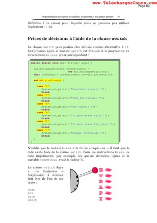 Programmation Java pour les enfants, les parents et les grands-parents 60
Réfléchis à la raison pour laquelle nous ne pouvons pas utiliser
l'opérateur || ici.
Prises de décisions à l'aide de la clause switch
La clause switch peut parfois être utilisée comme alternative à if.
L'expression après le mot-clé switch est évaluée et le programme va
directement au case (cas) correspondant :
N'oublie pas le mot-clé break à la fin de chaque cas – il faut que le
code saute hors de la clause switch. Sans les instructions break, ce
code imprimerait, par exemple, les quatre dernières lignes si la
variable tonNiveau avait la valeur 'B'.
La clause switch Java
a une limitation –
l'expression à évaluer
doit être de l'un de ces
types :
char
int
byte
short
public static void main(String[] args) {
BulletinAppréciation convertisseur =
new BulletinAppréciation();
char tonNiveau = convertisseur.convertirNiveaux(15);
switch (tonNiveau) {
case 'E':
System.out.println("Excellent travail !");
break;
case 'T':
System.out.println("Très bon travail !");
break;
case 'B':
System.out.println("Bon travail !");
break;
case 'A':
System.out.println("Tu peux mieux faire !");
break;
case 'P':
System.out.println("Tu dois travailler plus !");
break;
case 'I':
System.out.println("Change d'attitude !");
break;
}
}
Page 60
www.TelechargerCours.com
 