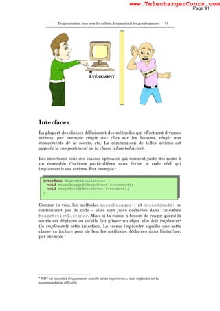 Programmation Java pour les enfants, les parents et les grands-parents 91
Interfaces
La plupart des classes définissent des méthodes qui effectuent diverses
actions, par exemple réagir aux clics sur les boutons, réagir aux
mouvements de la souris, etc. La combinaison de telles actions est
appelée le comportement de la classe (class behavior).
Les interfaces sont des classes spéciales qui donnent juste des noms à
un ensemble d'actions particulières sans écrire le code réel qui
implanterait ces actions. Par exemple :
Comme tu vois, les méthodes mouseDragged() et mouseMoved() ne
contiennent pas de code – elles sont juste déclarées dans l'interface
MouseMotionListener. Mais si ta classe a besoin de réagir quand la
souris est déplacée ou qu'elle fait glisser un objet, elle doit implanter6
(to implement) cette interface. Le terme implanter signifie que cette
classe va inclure pour de bon les méthodes déclarées dans l'interface,
par exemple :
6
NDT on rencontre fréquemment aussi le terme implémenter, mais implanter est la
recommandation officielle.
interface MouseMotionListener {
void mouseDragged(MouseEvent événement);
void mouseMoved(MouseEvent événement);
}
Page 91
www.TelechargerCours.com
 