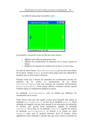 Programmation Java pour les enfants, les parents et les grands-parents   180


      La table de ping-pong ressemble à ceci :




La première version de ce jeu ne fait que trois choses :

      •   Afficher une table de ping pong verte.
      •   Afficher les coordonnées du pointeur de la souris quand on
          clique.
      •   Déplacer la raquette de l'enfant vers le haut et vers le bas.

Le code de notre classe TableVertePingPong, qui est une sous-classe
de la classe Swing JPanel, se trouve deux pages plus bas. Regarde-le
pendant que tu lis le texte ci-dessous.

Puisque notre jeu a besoin de connaître les coordonnées exactes du
pointeur     de    la   souris,  le   constructeur de   la   classe
TableVertePingPong crée une instance du récepteur d'événements
MoteurJeuPingPong. Cette classe effectue certaines actions quand
l'enfant clique ou simplement déplace la souris.

La méthode ajouteAuCadre() crée un libellé qui affichera les
coordonnées de la souris.

Cette classe n'est pas une applet, raison pour laquelle elle utilise la
méthode paintComponent() au lieu de la méthode paint(). Cette
méthode est appelée soit par Java quand il est nécessaire de rafraîchir
la fenêtre, soit quand notre programme appelle la méthode
repaint(). Tu as bien lu, la méthode repaint() appelle en interne
la méthode paintComponent() et fournit à ta classe un objet
Graphics pour que tu puisses dessiner dans la fenêtre. Nous
appellerons cette méthode à chaque fois que nous aurons recalculé les
 