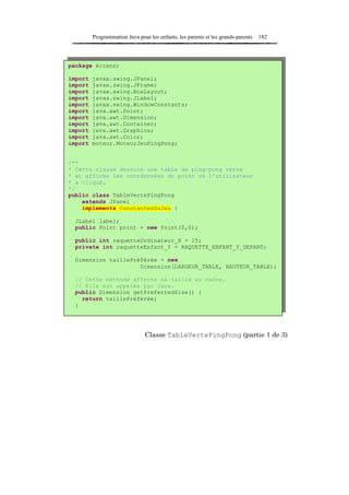 Programmation Java pour les enfants, les parents et les grands-parents   182



package écrans;

import   javax.swing.JPanel;
import   javax.swing.JFrame;
import   javax.swing.BoxLayout;
import   javax.swing.JLabel;
import   javax.swing.WindowConstants;
import   java.awt.Point;
import   java.awt.Dimension;
import   java.awt.Container;
import   java.awt.Graphics;
import   java.awt.Color;
import   moteur.MoteurJeuPingPong;


/**
* Cette classe dessine une table de ping-pong verte
* et affiche les coordonnées du point où l'utilisateur
* a cliqué.
*/
public class TableVertePingPong
    extends JPanel
    implements ConstantesDuJeu {

  JLabel label;
  public Point point = new Point(0,0);

  public int raquetteOrdinateur_X = 15;
  private int raquetteEnfant_Y = RAQUETTE_ENFANT_Y_DEPART;

  Dimension taillePréférée = new
                     Dimension(LARGEUR_TABLE, HAUTEUR_TABLE);

  // Cette méthode affecte sa taille au cadre.
  // Elle est appelée par Java.
  public Dimension getPreferredSize() {
    return taillePréférée;
  }




                               Classe TableVertePingPong (partie 1 de 3)
 