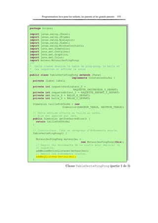 Programmation Java pour les enfants, les parents et les grands-parents   193



package écrans;

import javax.swing.JPanel;
import javax.swing.JFrame;
import javax.swing.BoxLayout;
import javax.swing.JLabel;
import javax.swing.WindowConstants;
import java.awt.Dimension;
import java.awt.Container;
import java.awt.Graphics;
import java.awt.Color;
import moteur.MoteurJeuPingPong;
/**
* Cette classe dessine la table de ping-pong, la balle et
* les raquettes et affiche le score
*/
public class TableVertePingPong extends JPanel
                           implements ConstantesDuJeu {
   private JLabel label;

  private int raquetteOrdinateur_Y =
                            RAQUETTE_ORDINATEUR_Y_DEPART;
  private int raquetteEnfant_Y = RAQUETTE_ENFANT_Y_DEPART;
  private int balle_X = BALLE_X_DEPART;
  private int balle_Y = BALLE_Y_DEPART;

  Dimension taillePréférée = new
                     Dimension(LARGEUR_TABLE, HAUTEUR_TABLE);

  // Cette méthode affecte sa taille au cadre.
  // Elle est appelée par Java.
  public Dimension getPreferredSize() {
    return taillePréférée;
  }

  // Constructeur. Crée un récepteur d'événements souris.
  TableVertePingPong() {

      MoteurJeuPingPong moteurJeu =
                                   new MoteurJeuPingPong(this);
      // Reçoit les mouvements de la souris pour déplacer la
      // raquette.
      addMouseMotionListener(moteurJeu);
      // Reçoit les événements clavier.
      addKeyListener(moteurJeu);
  }

                               Classe TableVertePingPong (partie 1 de 3)
 