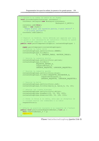 Programmation Java pour les enfants, les parents et les grands-parents   194



    // Ajoute à un cadre la table et un JLabel
    void ajouteAuCadre(Container conteneur) {
      conteneur.setLayout(new BoxLayout(conteneur,
                                        BoxLayout.Y_AXIS));
      conteneur.add(this);
      label = new JLabel(
        "Taper N pour une nouvelle partie, S pour servir" +
        " ou Q pour quitter");
      conteneur.add(label);
    }

    // Repeint la fenêtre. Cette méthode est appelée par Java
    // quand il est nécessaire de rafraîchir l'écran ou quand
    // la méthode repaint() est appelée.
    public void paintComponent(Graphics contexteGraphique) {

     super.paintComponent(contexteGraphique);
     // Dessine la table verte
     contexteGraphique.setColor(Color.GREEN);
     contexteGraphique.fillRect(
                   0, 0, LARGEUR_TABLE, HAUTEUR_TABLE);

     // Dessine la raquette droite
     contexteGraphique.setColor(Color.yellow);
     contexteGraphique.fillRect(
                   RAQUETTE_ENFANT_X,
                   raquetteEnfant_Y,
                   LARGEUR_RAQUETTE, LONGUEUR_RAQUETTE);

     // Dessine la raquette gauche
     contexteGraphique.setColor(Color.blue);
     contexteGraphique.fillRect(RAQUETTE_ORDINATEUR_X,
                        raquetteOrdinateur_Y,
                        LARGEUR_RAQUETTE, LONGUEUR_RAQUETTE);

     // Dessine la balle
     contexteGraphique.setColor(Color.red);
     contexteGraphique.fillOval(balle_X, balle_Y, 10, 10);

     // Dessine les lignes blanches
     contexteGraphique.setColor(Color.white);
     contexteGraphique.drawRect(10, 10, 300, 200);
     contexteGraphique.drawLine(160, 10, 160, 210);

     // Donne le focus à la table, afin que le récepteur de
     // touches envoie les commandes à la table
     requestFocus();
}

// Affecte sa position courante à la raquette de l'enfant
 public void positionnerRaquetteEnfant_Y(int y) {
   this.raquetteEnfant_Y = y;
   repaint();
 }

                               Classe TableVertePingPong (partie 2 de 3)
 