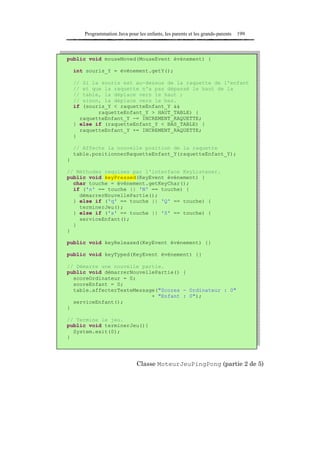 Programmation Java pour les enfants, les parents et les grands-parents   199



public void mouseMoved(MouseEvent événement) {

    int souris_Y = événement.getY();

    // Si la souris est au-dessus de la raquette de l'enfant
    // et que la raquette n'a pas dépassé le haut de la
    // table, la déplace vers le haut ;
    // sinon, la déplace vers le bas.
    if (souris_Y < raquetteEnfant_Y &&
            raquetteEnfant_Y > HAUT_TABLE) {
      raquetteEnfant_Y -= INCREMENT_RAQUETTE;
    } else if (raquetteEnfant_Y < BAS_TABLE) {
      raquetteEnfant_Y += INCREMENT_RAQUETTE;
    }

    // Affecte la nouvelle position de la raquette
    table.positionnerRaquetteEnfant_Y(raquetteEnfant_Y);
}

// Méthodes requises par l'interface KeyListener.
public void keyPressed(KeyEvent événement) {
  char touche = événement.getKeyChar();
  if ('n' == touche || 'N' == touche) {
    démarrerNouvellePartie();
  } else if ('q' == touche || 'Q' == touche) {
    terminerJeu();
  } else if ('s' == touche || 'S' == touche) {
    serviceEnfant();
  }
}

public void keyReleased(KeyEvent événement) {}

public void keyTyped(KeyEvent événement) {}

// Démarre une nouvelle partie.
public void démarrerNouvellePartie() {
  scoreOrdinateur = 0;
  scoreEnfant = 0;
  table.affecterTexteMessage("Scores - Ordinateur : 0"
                           + "Enfant : 0");
  serviceEnfant();
}

// Termine le jeu.
public void terminerJeu(){
  System.exit(0);
}




                                 Classe MoteurJeuPingPong (partie 2 de 5)
 
