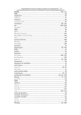 Programmation Java pour les enfants, les parents et les grands-parents             217

HTML ........................................................................................... 109, 111
IDE.......................................................................................................... 22
implanter ................................................................................................ 91
import.................................................................................................... 71
instance .................................................................................................. 97
instanceof ........................................................................................... 97
interfaces ........................................................................................ 90, 184
jar.................................................................................................. 205, 206
Javadoc ................................................................................................. 54
JRE ......................................................................................................... 20
Math........................................................................................................ 61
MouseListener................................................................................... 185
MouseMotionListener...................................................................... 185
new .......................................................................................................... 62
niveaux d'accès ..................................................................................... 166
Object.................................................................................................... 99
package ............................................................................................... 166
panneau .................................................................................................. 72
paquetages...................................................................................... 70, 163
Path ........................................................................................................ 16
portée ...................................................................................................... 61
primaire .................................................................................................. 40
private ....................................................................................... 166, 167
protected ........................................................................................... 166
public............................................................................................ 32, 166
récepteurs ............................................................................................... 90
signature de méthode............................................................................. 31
sous-classe .............................................................................................. 47
static.............................................................................................. 32, 61
String.................................................................................................... 41
style orienté objet................................................................................... 35
superclasse ....................................................................................... 47, 50
surcharge de méthode .............................................................. 50, 51, 159
Swing .............................................................................................. 71, 178
switch.................................................................................................... 60
SWT ........................................................................................................ 70
tableau .................................................................................................... 63
this........................................................................................................ 63
throw.................................................................................................... 137
throws.................................................................................................. 135
try ................................................................................................ 132, 134
types de données .................................................................................... 38
variable d'instance ................................................................................. 61
variable membre .................................................................................... 61
void........................................................................................................ 32
while...................................................................................................... 67
WinZip ............................................................................................ 23, 206
 