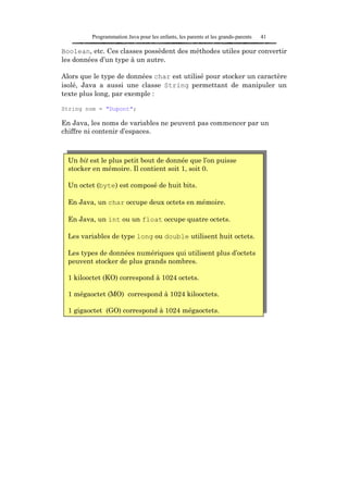 Programmation Java pour les enfants, les parents et les grands-parents   41

Boolean, etc. Ces classes possèdent des méthodes utiles pour convertir
les données d’un type à un autre.

Alors que le type de données char est utilisé pour stocker un caractère
isolé, Java a aussi une classe String permettant de manipuler un
texte plus long, par exemple :

String nom = "Dupont";

En Java, les noms de variables ne peuvent pas commencer par un
chiffre ni contenir d’espaces.



  Un bit est le plus petit bout de donnée que l’on puisse
  stocker en mémoire. Il contient soit 1, soit 0.

  Un octet (byte) est composé de huit bits.

  En Java, un char occupe deux octets en mémoire.

  En Java, un int ou un float occupe quatre octets.

  Les variables de type long ou double utilisent huit octets.

  Les types de données numériques qui utilisent plus d’octets
  peuvent stocker de plus grands nombres.

  1 kilooctet (KO) correspond à 1024 octets.

  1 mégaoctet (MO) correspond à 1024 kilooctets.

  1 gigaoctet (GO) correspond à 1024 mégaoctets.
 