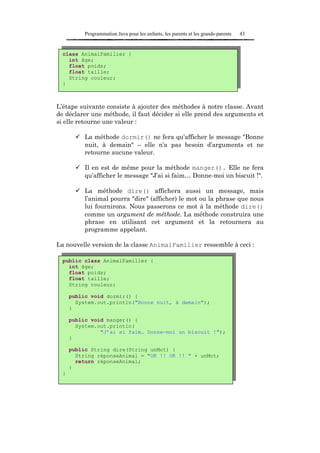Programmation Java pour les enfants, les parents et les grands-parents   43


  class AnimalFamilier {
    int âge;
    float poids;
    float taille;
    String couleur;
  }



L’étape suivante consiste à ajouter des méthodes à notre classe. Avant
de déclarer une méthode, il faut décider si elle prend des arguments et
si elle retourne une valeur :

           La méthode dormir() ne fera qu’afficher le message "Bonne
           nuit, à demain" – elle n’a pas besoin d’arguments et ne
           retourne aucune valeur.

           Il en est de même pour la méthode manger(). Elle ne fera
           qu’afficher le message "J’ai si faim… Donne-moi un biscuit !".

           La méthode dire() affichera aussi un message, mais
           l’animal pourra "dire" (afficher) le mot ou la phrase que nous
           lui fournirons. Nous passerons ce mot à la méthode dire()
           comme un argument de méthode. La méthode construira une
           phrase en utilisant cet argument et la retournera au
           programme appelant.

La nouvelle version de la classe AnimalFamilier ressemble à ceci :

  public class AnimalFamilier {
    int âge;
    float poids;
    float taille;
    String couleur;

      public void dormir() {
        System.out.println("Bonne nuit, à demain");
      }

      public void manger() {
        System.out.println(
                "J’ai si faim… Donne-moi un biscuit !");
      }

      public String dire(String unMot) {
        String réponseAnimal = "OK !! OK !! " + unMot;
        return réponseAnimal;
      }
  }
 