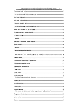 Programmation Java pour les enfants, les parents et les grands-parents                                          v

Commentaires de programme..................................................................................................... 54

Prises de décisions à l'aide de la clause if ................................................................................. 55

Opérateurs logiques ..................................................................................................................... 57

Opérateur conditionnel................................................................................................................ 58

Utilisation de else if ............................................................................................................... 58

Prises de décisions à l'aide de la clause switch ....................................................................... 60

Quelle est la durée de vie des variables ?.................................................................................... 61

Méthodes spéciales : constructeurs............................................................................................. 62

Le mot-clé this ........................................................................................................................... 63

Tableaux........................................................................................................................................ 63

Répétition d'actions à l'aide de boucles ...................................................................................... 65

Autres lectures .............................................................................................................................. 68

Exercices........................................................................................................................................ 68

Exercices pour les petits malins................................................................................................... 69


CHAPITRE 5. UNE CALCULATRICE GRAPHIQUE ........................................ 70

AWT et Swing............................................................................................................................... 70

Paquetages et déclarations d'importation .................................................................................. 70

Principaux éléments de Swing..................................................................................................... 71

Gestionnaires de disposition ........................................................................................................ 74

FlowLayout................................................................................................................................ 74

GridLayout................................................................................................................................ 75

BorderLayout ........................................................................................................................... 77
  Combiner les gestionnaires de disposition ................................................................................. 77

BoxLayout .................................................................................................................................. 80

GridBagLayout......................................................................................................................... 81

CardLayout................................................................................................................................ 83

SpringLayout ........................................................................................................................... 84
  Puis-je créer des fenêtres sans utiliser de gestionnaire de disposition ? ..................................... 84

Composants des fenêtres.............................................................................................................. 85

Autres lectures .............................................................................................................................. 88

Exercices........................................................................................................................................ 88
 