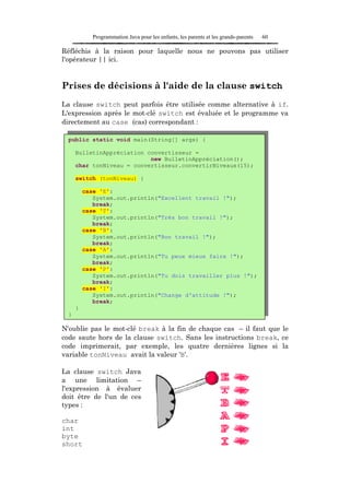 Programmation Java pour les enfants, les parents et les grands-parents   60

Réfléchis à la raison pour laquelle nous ne pouvons pas utiliser
l'opérateur || ici.


Prises de décisions à l'aide de la clause switch
La clause switch peut parfois être utilisée comme alternative à if.
L'expression après le mot-clé switch est évaluée et le programme va
directement au case (cas) correspondant :

  public static void main(String[] args) {

      BulletinAppréciation convertisseur =
                            new BulletinAppréciation();
      char tonNiveau = convertisseur.convertirNiveaux(15);

      switch (tonNiveau) {

          case 'E':
             System.out.println("Excellent travail !");
             break;
          case 'T':
             System.out.println("Très bon travail !");
             break;
          case 'B':
             System.out.println("Bon travail !");
             break;
          case 'A':
             System.out.println("Tu peux mieux faire !");
             break;
          case 'P':
             System.out.println("Tu dois travailler plus !");
             break;
          case 'I':
             System.out.println("Change d'attitude !");
             break;
      }
  }

N'oublie pas le mot-clé break à la fin de chaque cas – il faut que le
code saute hors de la clause switch. Sans les instructions break, ce
code imprimerait, par exemple, les quatre dernières lignes si la
variable tonNiveau avait la valeur 'B'.

La clause switch Java
a une limitation –
l'expression à évaluer
doit être de l'un de ces
types :

char
int
byte
short
 