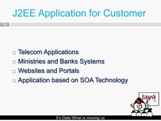 J2EE Application for Customer
16




        Telecom Applications
        Ministries and Banks Systems
        Websites and Portals
        Application based on SOA Technology




                     It’s Data What is moving us
 