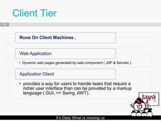 Client Tier
8




     Runs On Client Machines .


     Web Application
     • Dynamic web pages generated by web component ( JSP & Servest ).


     Application Client

     • provides a way for users to handle tasks that require a
       richer user interface than can be provided by a markup
       language ( GUI, => Swing, AWT).




                          It’s Data What is moving us
 