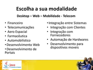 Escolha a sua modalidade
       Desktop – Web – Mobilidade - Telecom
• Financeiro             • Integração entre Sistemas
• Telecomunicações       • Integração com Clientes
• Aero Espacial          • Integração com
• Farmacêutica              Fornecedores
• Automobilístico        • Automação de Hardwares
• Desenvolvimento Web    • Desenvolvimento para
• Desenvolvimento de        dispositivos moveis
Portais
 