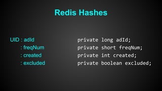Redis Hashes 
UID : adId 
: freqNum 
: created 
: excluded 
private long adId; 
private short freqNum; 
private int created; 
private boolean excluded; 
 