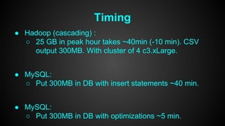 Timing 
● Hadoop (cascading) : 
○ 25 GB in peak hour takes ~40min (-10 min). CSV 
output 300MB. With cluster of 4 c3.xLarge. 
● MySQL: 
○ Put 300MB in DB with insert statements ~40 min. 
● MySQL: 
○ Put 300MB in DB with optimizations ~5 min. 
 