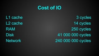 Cost of IO 
L1 cache 3 cycles 
L2 cache 14 cycles 
RAM 250 cycles 
Disk 41 000 000 cycles 
Network 240 000 000 cycles 
 