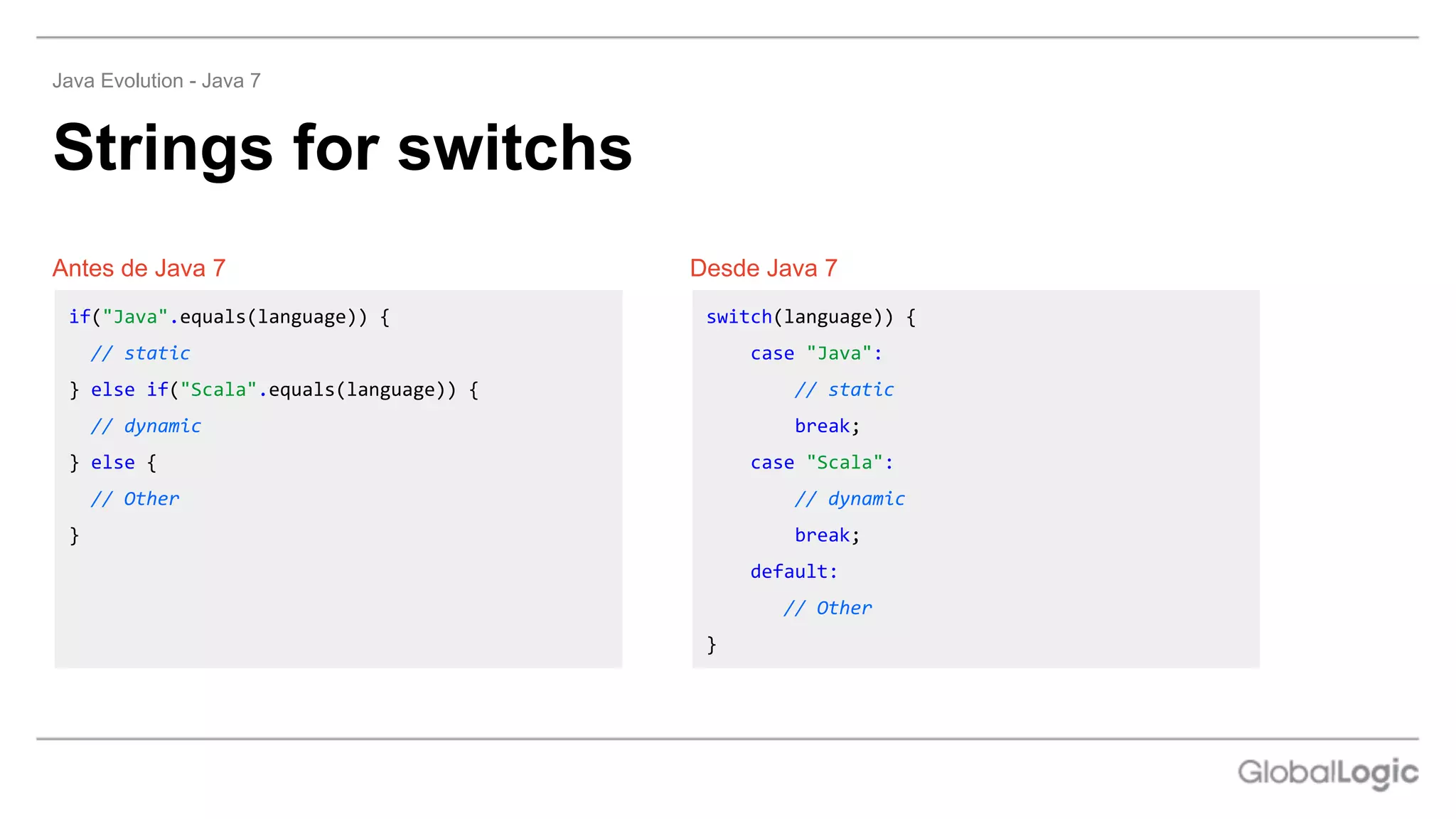 Antes de Java 7
Strings for switchs
Java Evolution - Java 7
Desde Java 7
if("Java".equals(language)) {
// static
} else if("Scala".equals(language)) {
// dynamic
} else {
// Other
}
switch(language)) {
case "Java":
// static
break;
case "Scala":
// dynamic
break;
default:
// Other
}
 