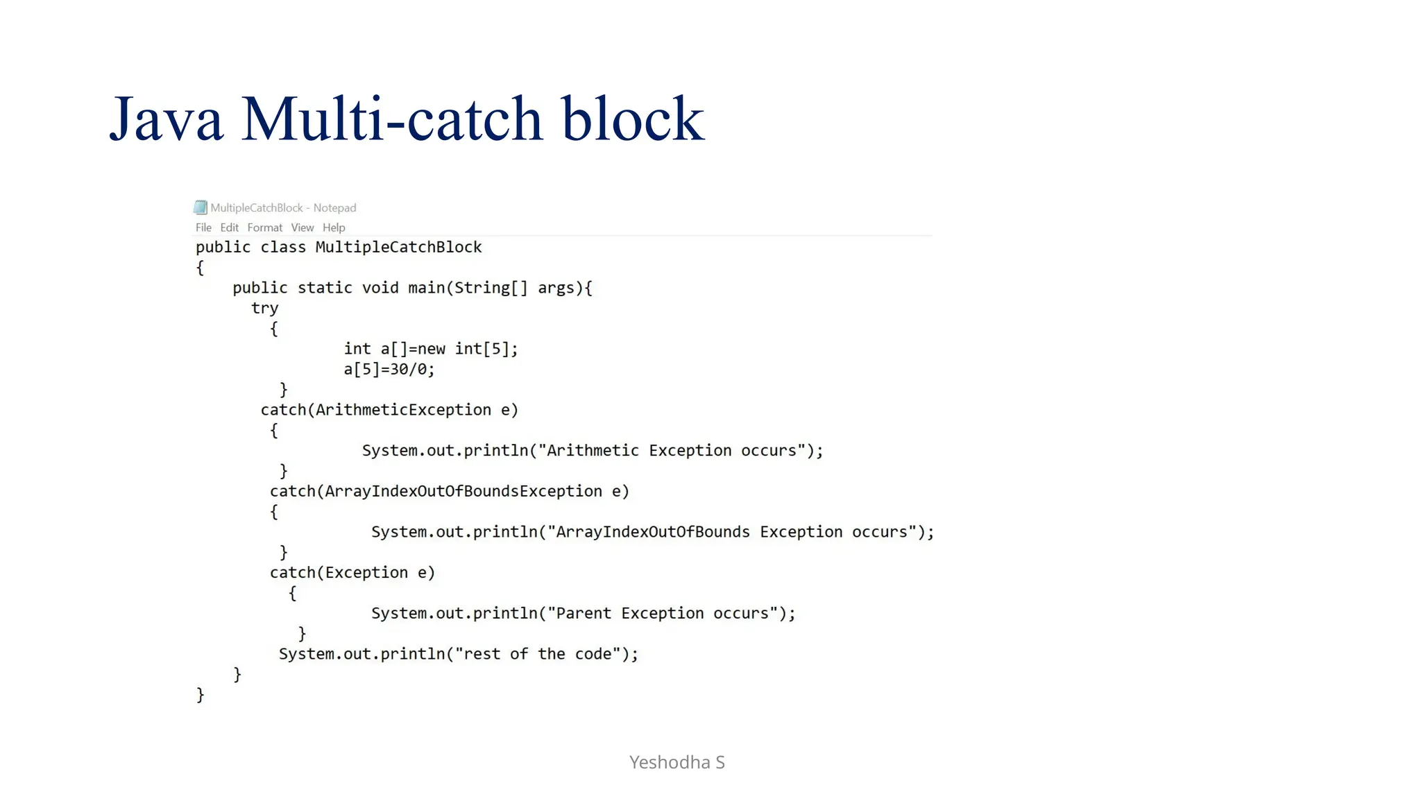 Java Multi-catch block
Yeshodha S
 