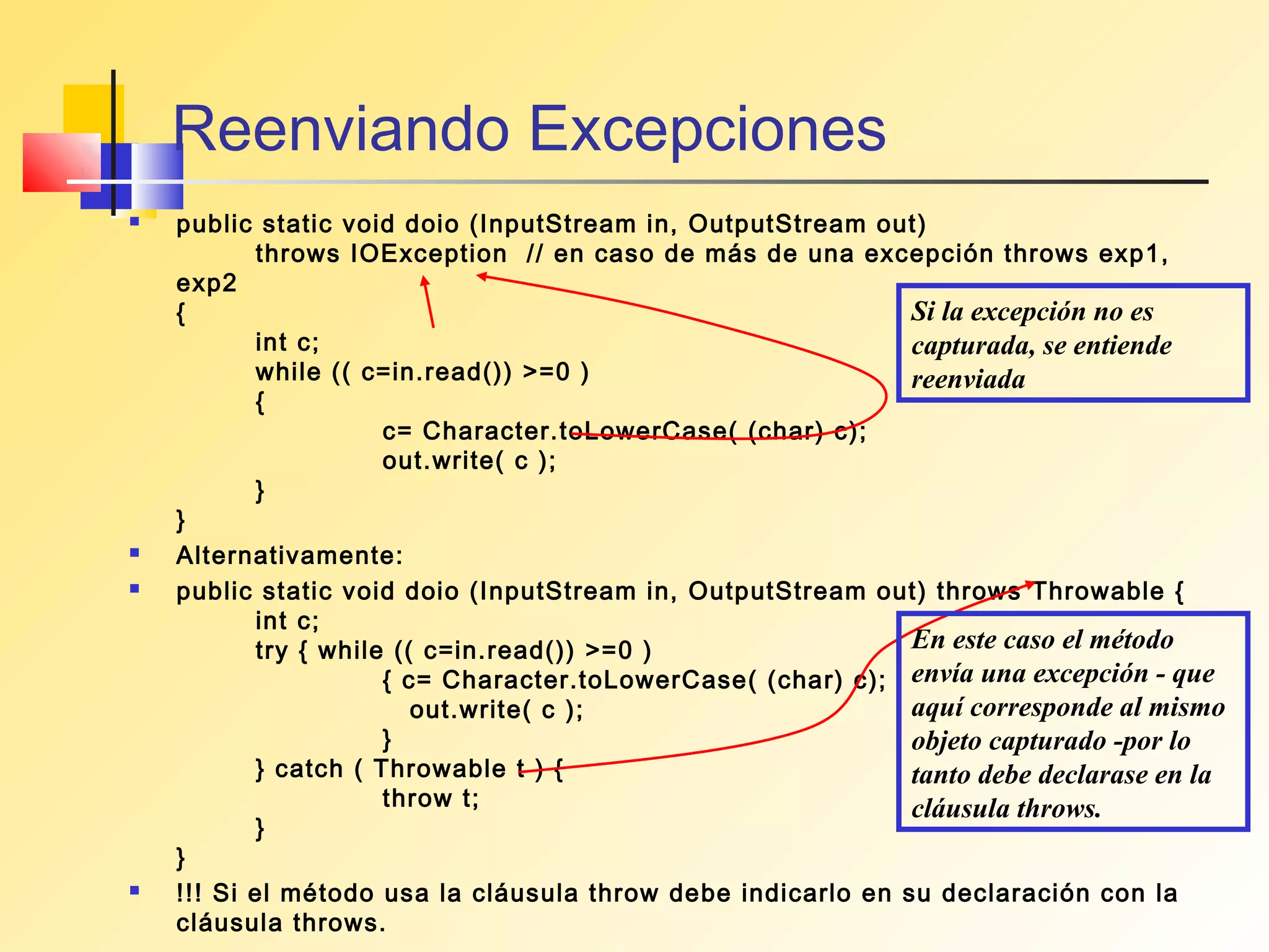 Reenviando Excepciones
   public static void doio (InputStream in, OutputStream out)
           throws IOException // en caso de más de una excepción throws exp1,
    exp2
    {                                                         Si la excepción no es
           int c;                                             capturada, se entiende
           while (( c=in.read()) >=0 )                        reenviada
           {
                      c= Character.toLowerCase( (char) c);
                      out.write( c );
           }
    }
   Alternativamente:
   public static void doio (InputStream in, OutputStream out) throws Throwable {
           int c;
           try { while (( c=in.read()) >=0 )                  En este caso el método
                      { c= Character.toLowerCase( (char) c); envía una excepción - que
                         out.write( c );                      aquí corresponde al mismo
                      }                                       objeto capturado -por lo
           } catch ( Throwable t ) {                          tanto debe declarase en la
                      throw t;                                cláusula throws.
           }
    }
   !!! Si el método usa la cláusula throw debe indicarlo en su declaración con la
    cláusula throws.
 