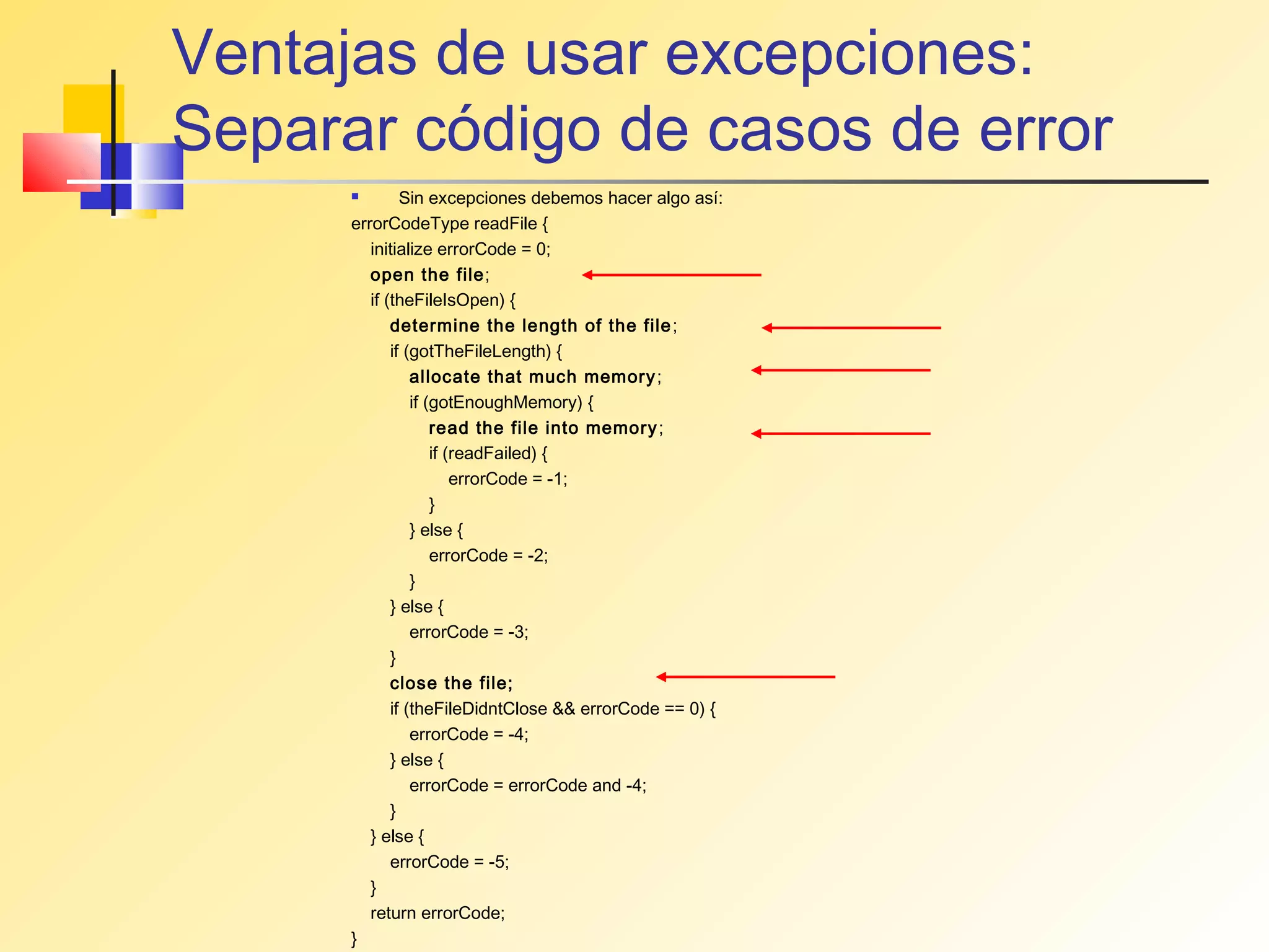 Ventajas de usar excepciones:
Separar código de casos de error
              Sin excepciones debemos hacer algo así:
      errorCodeType readFile {
         initialize errorCode = 0;
         open the file;
         if (theFileIsOpen) {
             determine the length of the file ;
             if (gotTheFileLength) {
                 allocate that much memory ;
                 if (gotEnoughMemory) {
                     read the file into memory ;
                     if (readFailed) {
                         errorCode = -1;
                     }
                 } else {
                     errorCode = -2;
                 }
             } else {
                 errorCode = -3;
             }
             close the file;
             if (theFileDidntClose && errorCode == 0) {
                 errorCode = -4;
             } else {
                 errorCode = errorCode and -4;
             }
         } else {
             errorCode = -5;
         }
         return errorCode;
      }
 