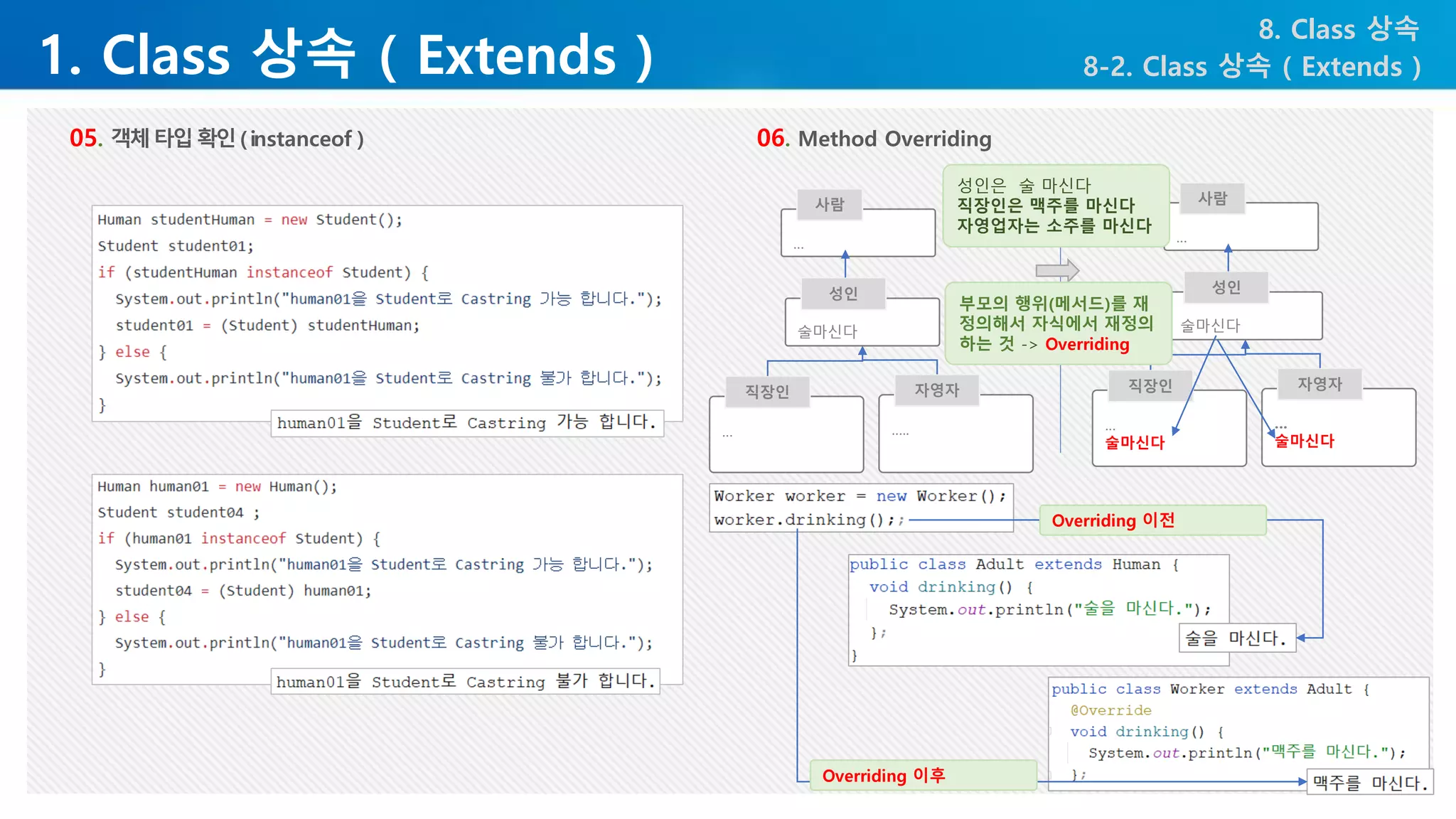 1. Class 상속 ( Extends )
8. Class 상속
8-2. Class 상속 ( Extends )
05. 객체타입확인(instanceof ) 06. Method Overriding
…
사람
…
술마신다
직장인
…
술마신다
자영자
술마신다
성인
…
사람
…
직장인
…..
자영자
술마신다
성인
성인은 술 마신다
직장인은 맥주를 마신다
자영업자는 소주를 마신다
부모의 행위(메서드)를 재
정의해서 자식에서 재정의
하는 것 -> Overriding
Overriding 이전
Overriding 이후
 