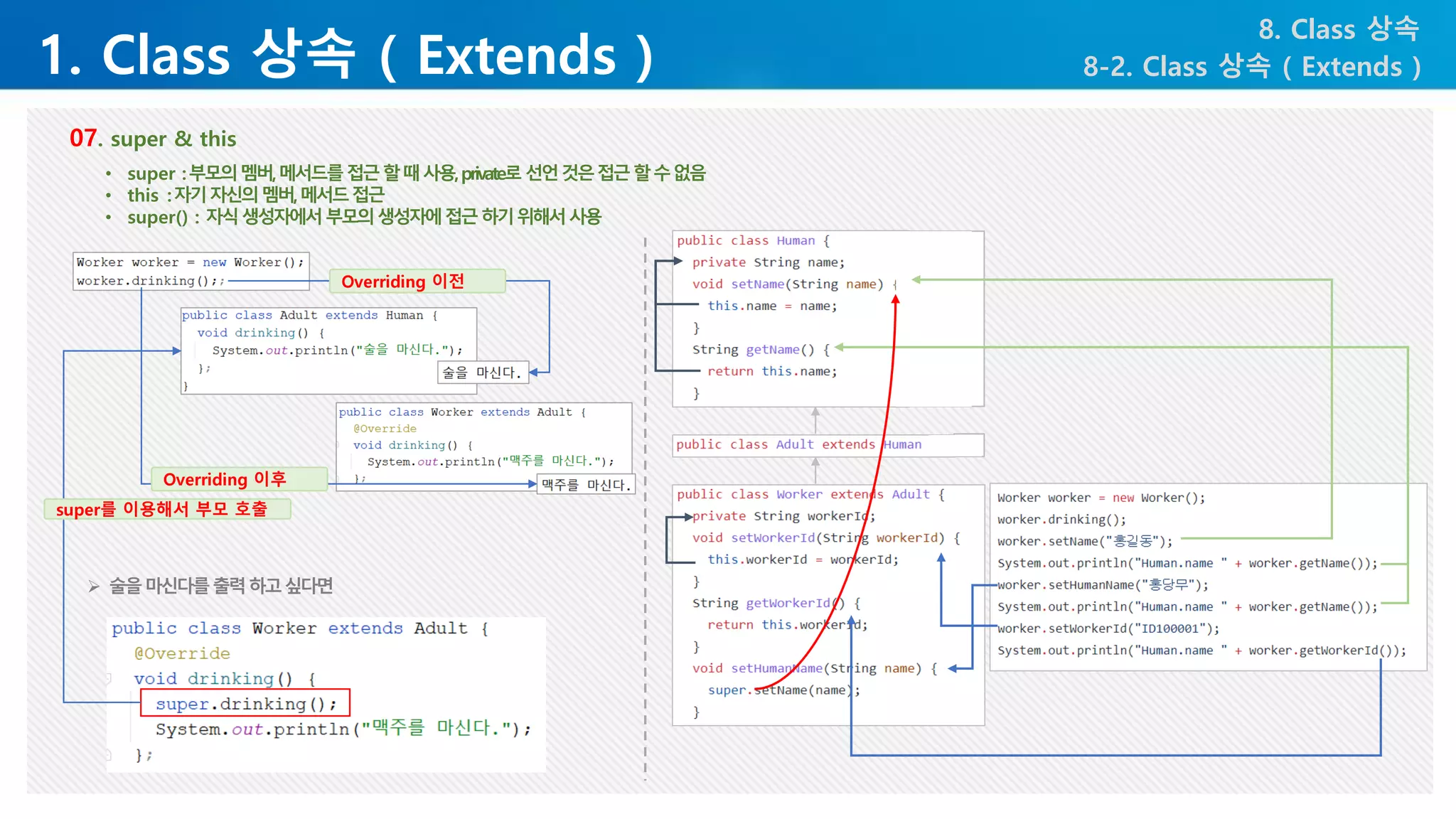 1. Class 상속 ( Extends )
8. Class 상속
8-2. Class 상속 ( Extends )
07. super & this
Overriding 이전
Overriding 이후
➢ 술을마신다를출력하고싶다면
super를 이용해서 부모 호출
• super :부모의멤버,메서드를접근할때사용,private로선언것은접근할수없음
• this :자기자신의멤버,메서드접근
• super() : 자식생성자에서부모의생성자에접근하기위해서사용
 