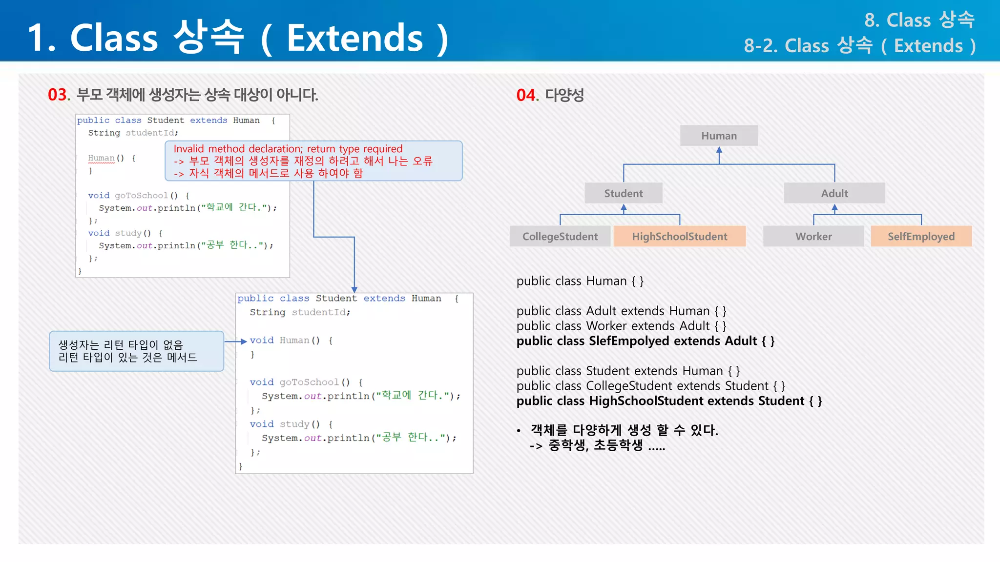 1. Class 상속 ( Extends )
8. Class 상속
8-2. Class 상속 ( Extends )
03. 부모객체에생성자는상속대상이아니다.
Invalid method declaration; return type required
-> 부모 객체의 생성자를 재정의 하려고 해서 나는 오류
-> 자식 객체의 메서드로 사용 하여야 함
생성자는 리턴 타입이 없음
리턴 타입이 있는 것은 메서드
04. 다양성
Human
Student Adult
Worker SelfEmployed
CollegeStudent HighSchoolStudent
public class Human { }
public class Adult extends Human { }
public class Worker extends Adult { }
public class SlefEmpolyed extends Adult { }
public class Student extends Human { }
public class CollegeStudent extends Student { }
public class HighSchoolStudent extends Student { }
• 객체를 다양하게 생성 할 수 있다.
-> 중학생, 초등학생 …..
 