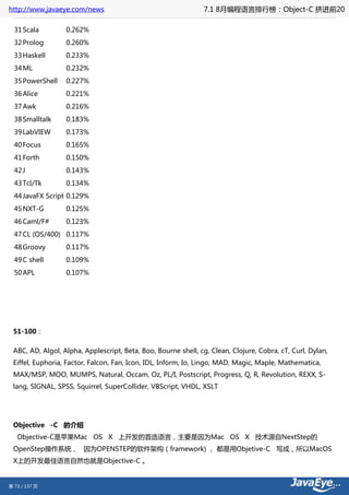 http://www.javaeye.com/news                                     7.1 8月编程语言排行榜：Object-C 挤进前20

  31 Scala        0.262%
  32 Prolog       0.260%
  33 Haskell      0.233%
  34 ML           0.232%
  35 PowerShell   0.227%
  36 Alice        0.221%
  37 Awk          0.216%
  38 Smalltalk    0.183%
  39 LabVIEW      0.173%
  40 Focus        0.165%
  41 Forth        0.150%
  42 J            0.143%
  43 Tcl/Tk       0.134%
  44 JavaFX Script 0.129%
  45 NXT-G        0.125%
  46 Caml/F#      0.123%
  47 CL (OS/400) 0.117%
  48 Groovy       0.117%
  49 C shell      0.109%
  50 APL          0.107%




 51-100：

 ABC, AD, Algol, Alpha, Applescript, Beta, Boo, Bourne shell, cg, Clean, Clojure, Cobra, cT, Curl, Dylan,
 Eiffel, Euphoria, Factor, Falcon, Fan, Icon, IDL, Inform, Io, Lingo, MAD, Magic, Maple, Mathematica,
 MAX/MSP, MOO, MUMPS, Natural, Occam, Oz, PL/I, Postscript, Progress, Q, R, Revolution, REXX, S-
 lang, SIGNAL, SPSS, Squirrel, SuperCollider, VBScript, VHDL, XSLT




 Objective -C 的介绍
   Objective-C是苹果Mac OS X 上开发的首选语言，主要是因为Mac OS X 技术源自NextStep的
 OpenStep操作系统， 因为OPENSTEP的软件架构（framework) ， 都是用Objetive-C 写成，所以MacOS
 X上的开发最佳语言自然也就是Objective-C 。


第 73 / 137 页
 