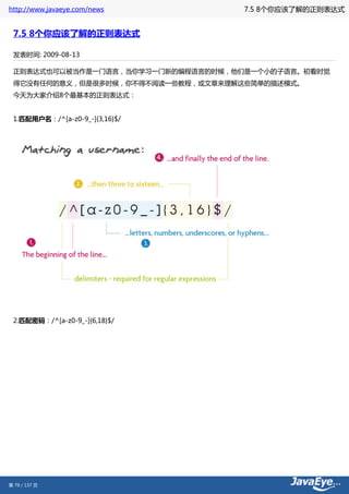 http://www.javaeye.com/news        7.5 8个你应该了解的正则表达式


 7.5 8个你应该了解的正则表达式

 发表时间: 2009-08-13

 正则表达式也可以被当作是一门语言，当你学习一门新的编程语言的时候，他们是一个小的子语言。初看时觉
 得它没有任何的意义，但是很多时候，你不得不阅读一些教程，或文章来理解这些简单的描述模式。
 今天为大家介绍8个最基本的正则表达式：


 1.匹配用户名：/^[a-z0-9_-]{3,16}$/




 2.匹配密码：/^[a-z0-9_-]{6,18}$/




第 79 / 137 页
 