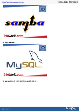http://www.javaeye.com/news      7.6 10大最具价值的开源软件




 6. MySQL数据库




 7. BIND（Bind是一款开放源码的DNS服务器软件）




第 87 / 137 页
 